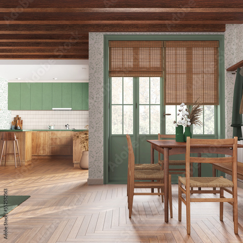 Rustic wooden kitchen and dining room in white and green tones. Cabinets and parquet floor. Table with chairs. Farmhouse interior design