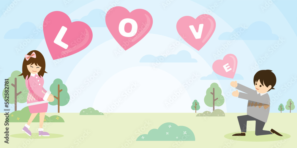 illustration of a man giving abstract balloons heart shape to a woman in the park and have blank space for advertisement wording. Valentine's day greeting card template. illustration of a man giving abstract balloons heart shape to a woman in the park and have blank space for advertisement wording. Valentine's day greeting card template.