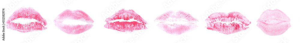 Set with lipstick kiss marks on white background, top view. Banner design Set with lipstick kiss marks on white background, top view. Banner design