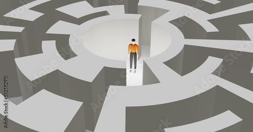 Man at center of Maze finding way, find idea, solution concept, 3D illustration
