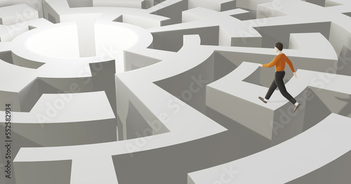Man at Maze reaching Goal, business strategy, creativity concept, 3D illustration
