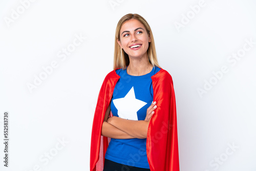 Super Hero caucasian woman isolated background happy and smiling