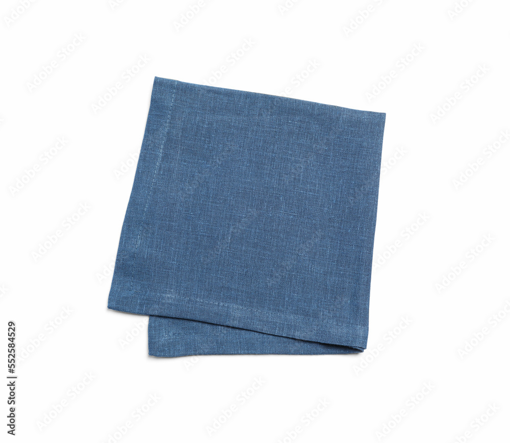 Blue folded fabric napkin on white background, top view Blue folded fabric napkin on white background, top view
