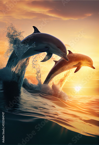 dolphins jumping in waves, seascape background with clear water and sunset © neirfy