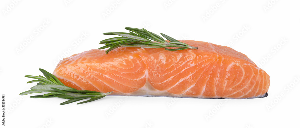 Piece of fresh raw salmon with rosemary isolated on white Piece of fresh raw salmon with rosemary isolated on white