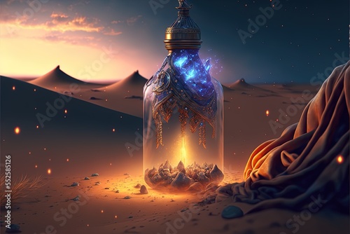 Fényképezés Lamp of Wishes In The Desert - Genie Coming Out Of The Bottle