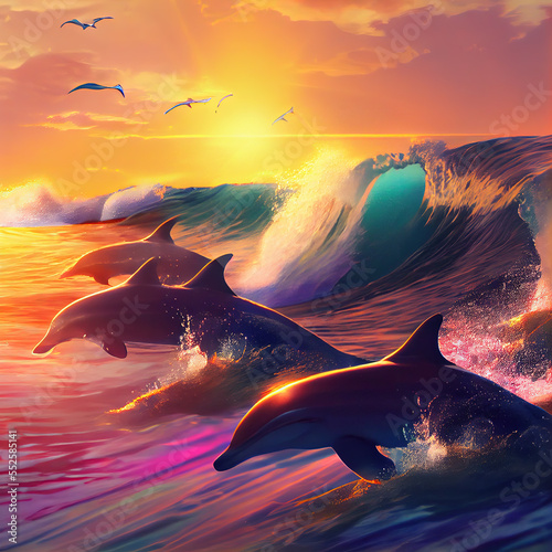 dolphins pack jumping in waves, seascape background with clear water and shining sunset © neirfy