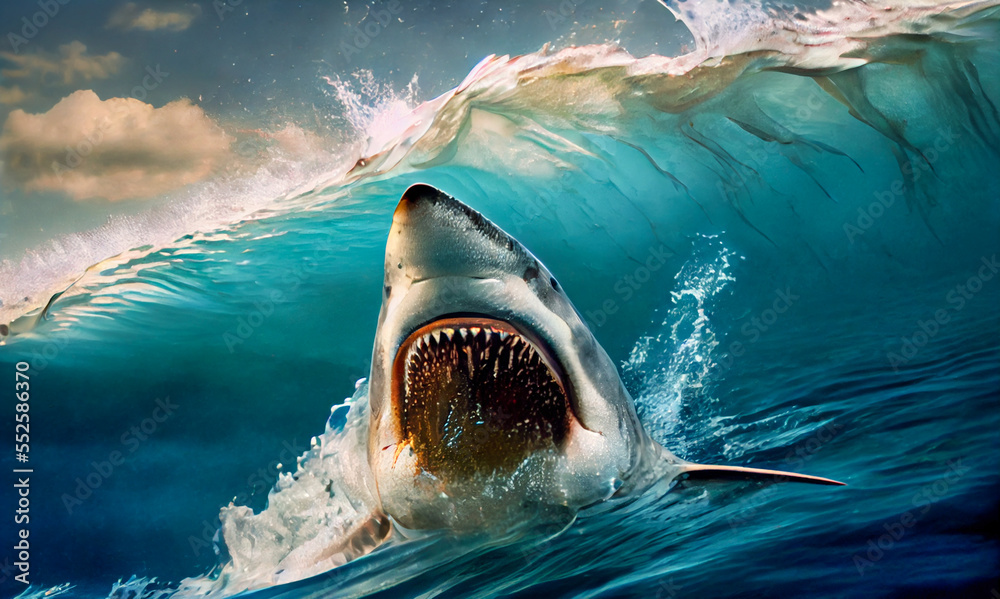 shark with big jaw and sharp teeth attacks underwater in ocean
