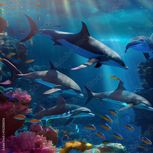 dolphins underwater, seascape coral reef background with clear water