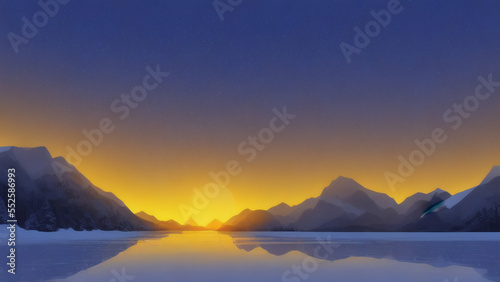 (Winter Sunset or Sunrise) a beautiful image of the sun setting over a snowy landscape, with a peaceful lake and mountains in the background © Haze