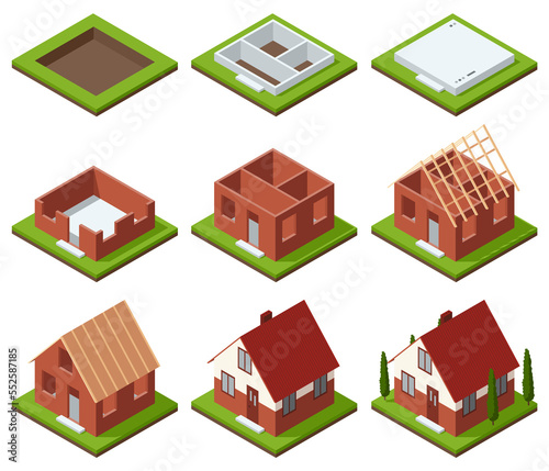 Fototapeta Naklejka Na Ścianę i Meble -  House construction Isometric set stage-by-stage. Visualization of modern building on different building process. Collection of phases from plan to finished building