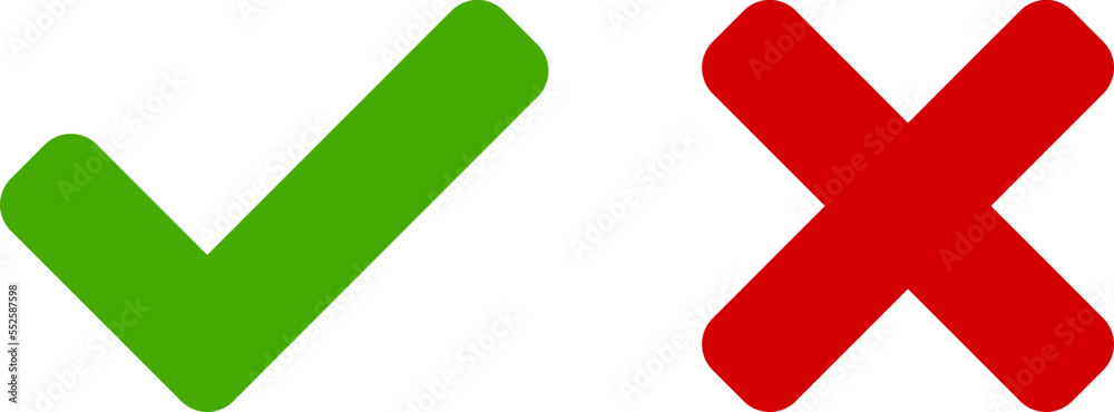 Yes and No or Right and Wrong or Approved and Declined Icons with Green Check Mark and Red X Sign. Vector Image. Yes and No or Right and Wrong or Approved and Declined Icons with Green Check Mark and Red X Sign. Vector Image.