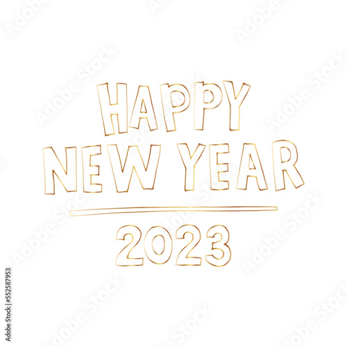 Vector handwritten inscription Happy New Year 2023. White text with golden outline isolated from background