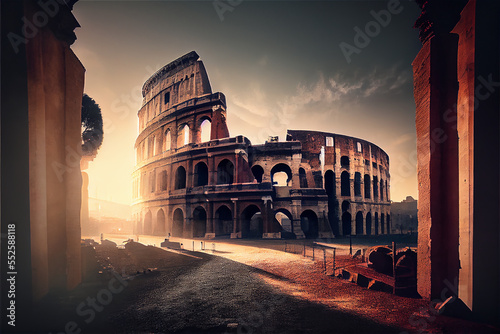 Fototapeta Roman coliseum, ruin, monument, site, tourism, architecture, italy, europe, land