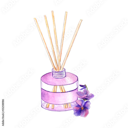 A lilac glass perfume bottle with a lid for storing essential oil, liquid, water, cosmetics. Wooden incense sticks. Flowers of purple violet, saintpaulia. Watercolor illustration, white background. photo
