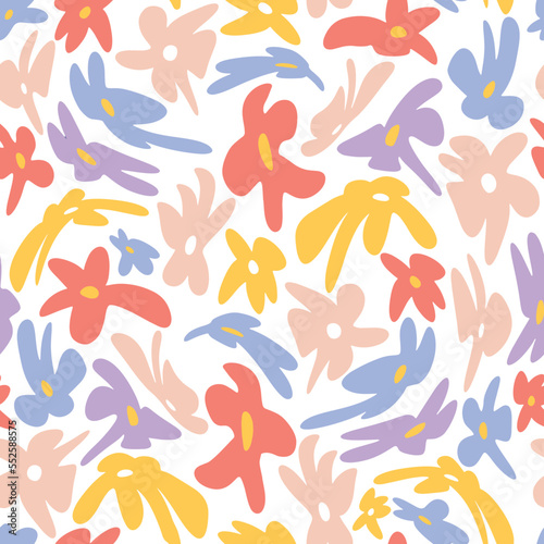 Bright Wavy Flowers. Modern minimal floral seamless pattern. Decorative vector background with flowers.