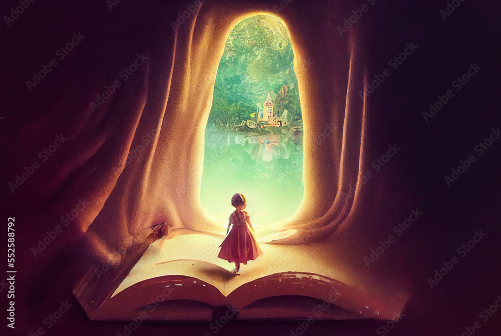 Little girl emerging from a fairy tale book and discovering a magical ...