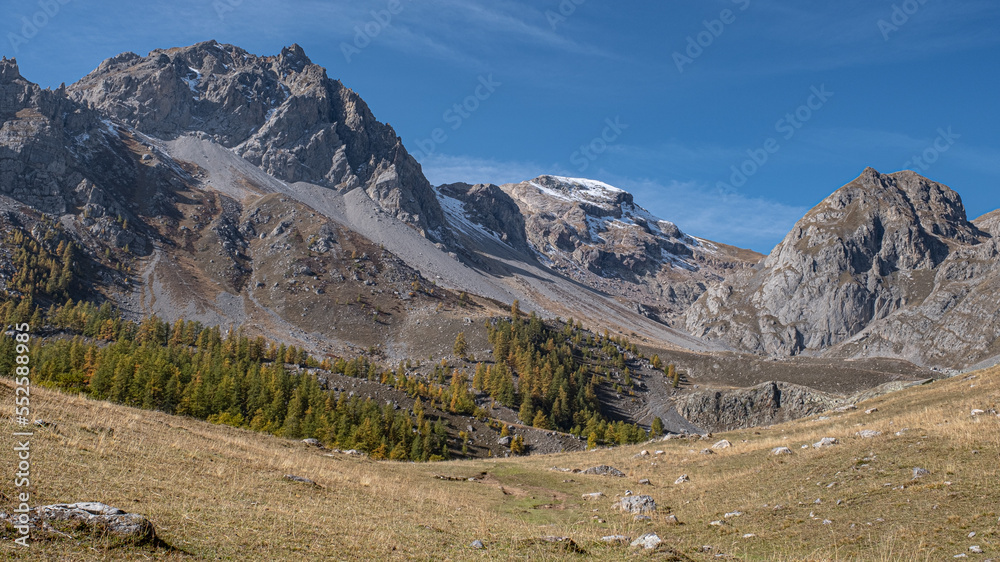 View of the dry Lac des Partias with the mountains around in Partias Nature Park, Puy-Saint-Andre, near Briancon, France