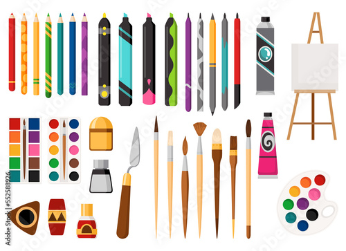 Painting tools cartoon illustration set. Drawing creative materials for workshops designs. Painter art equipments. Artistic decorative elements of art supplies with easel palette paints brush, pencil