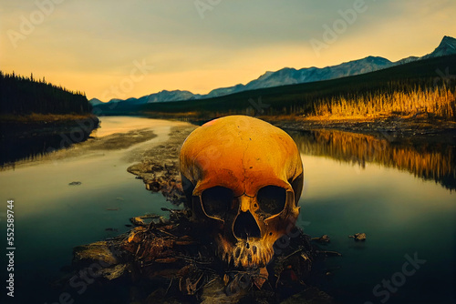 A human skull stands out against a background of a northern landscape illuminated by the warm light of sunset. An enigma and a warning, this inspiring image invites exploration. photo