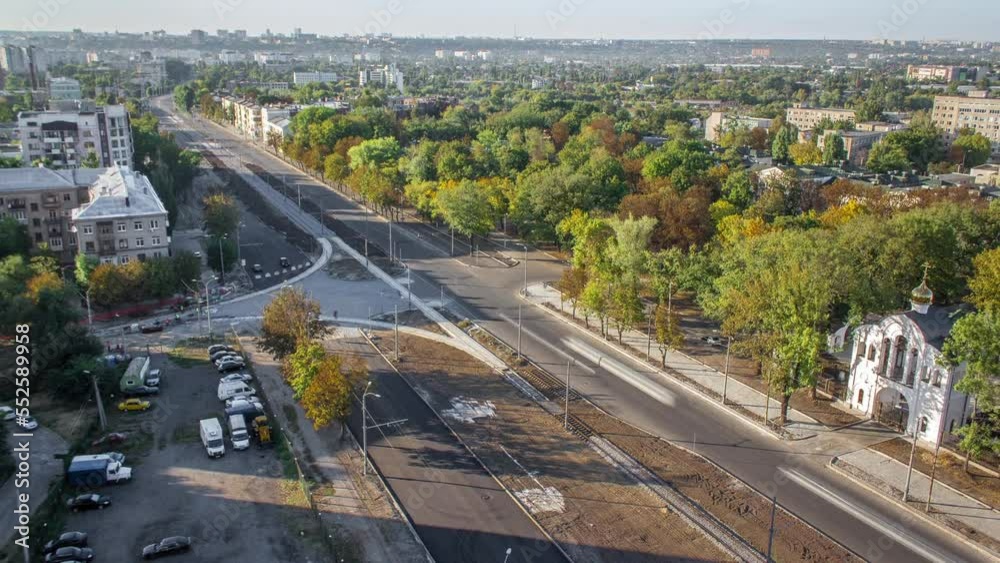 Construction site of avenue and tram tracks reconstruction aerial