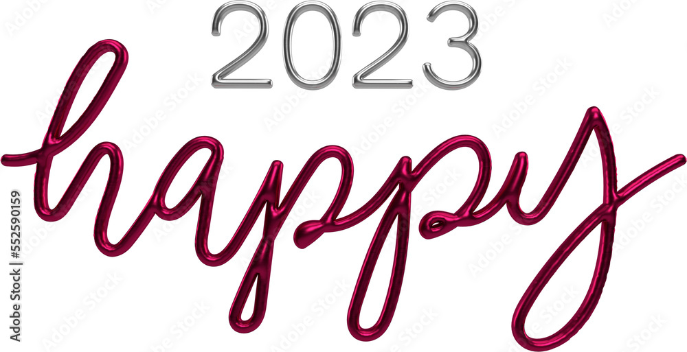 Happy 2023 Silver And Viva Magenta 3D Metallic Thin Chrome Cursive Text Typography	