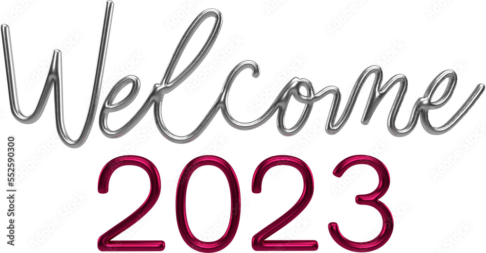 Welcome 2023 Silver And Viva Magenta 3D Metallic Thin Chrome Cursive Text Typography Welcome 2023 Silver And Viva Magenta 3D Metallic Thin Chrome Cursive Text Typography