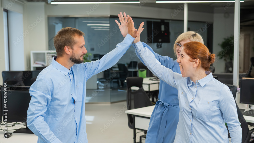 Obraz premium Colleagues give a high five in the office. Red-haired woman, blonde and bearded man in a denim shirt in the office.