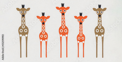 Elegant and cute image showing a family of giraffes lined up on a white background, ideal for use in a zoo/safari or to raise awareness about endangered species.