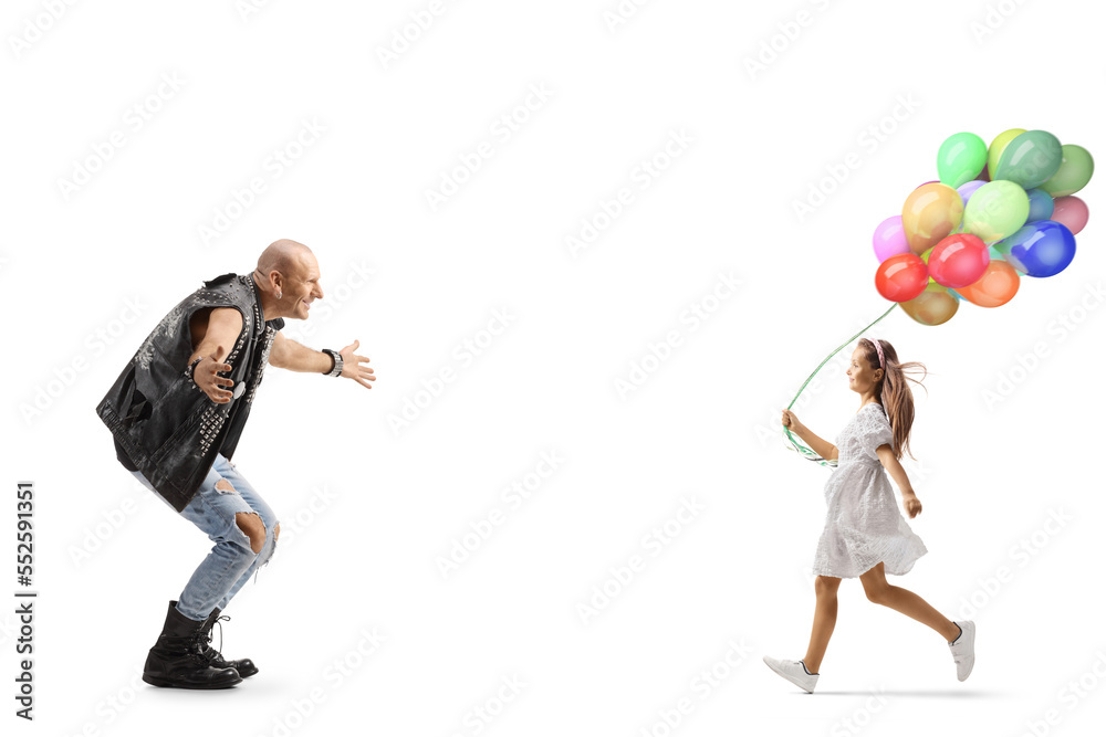 Full length profile shot of a girl with balloons running towards a punk Full length profile shot of a girl with balloons running towards a punk