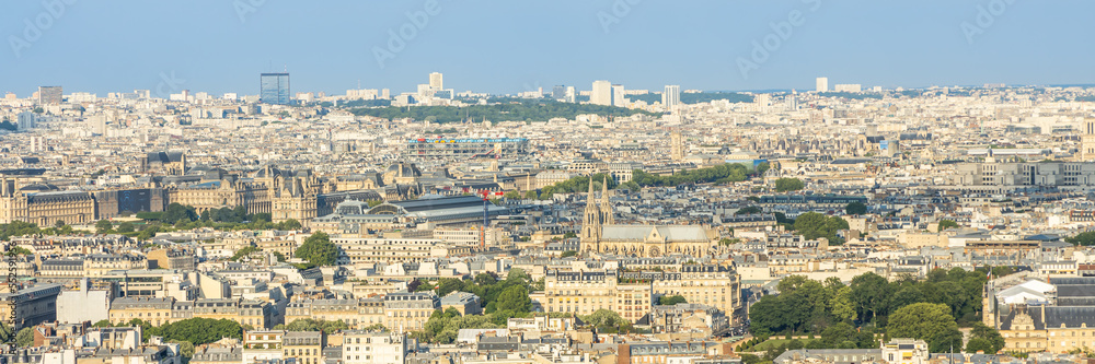 Panoramic skyline of Paris France on a sunny summer day