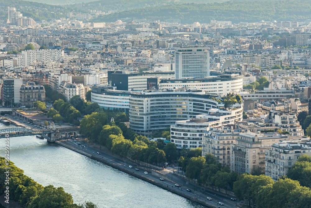 Radio France headquarters and Maison de la Radio building, seen from the Eiffel Tower in Paris, France