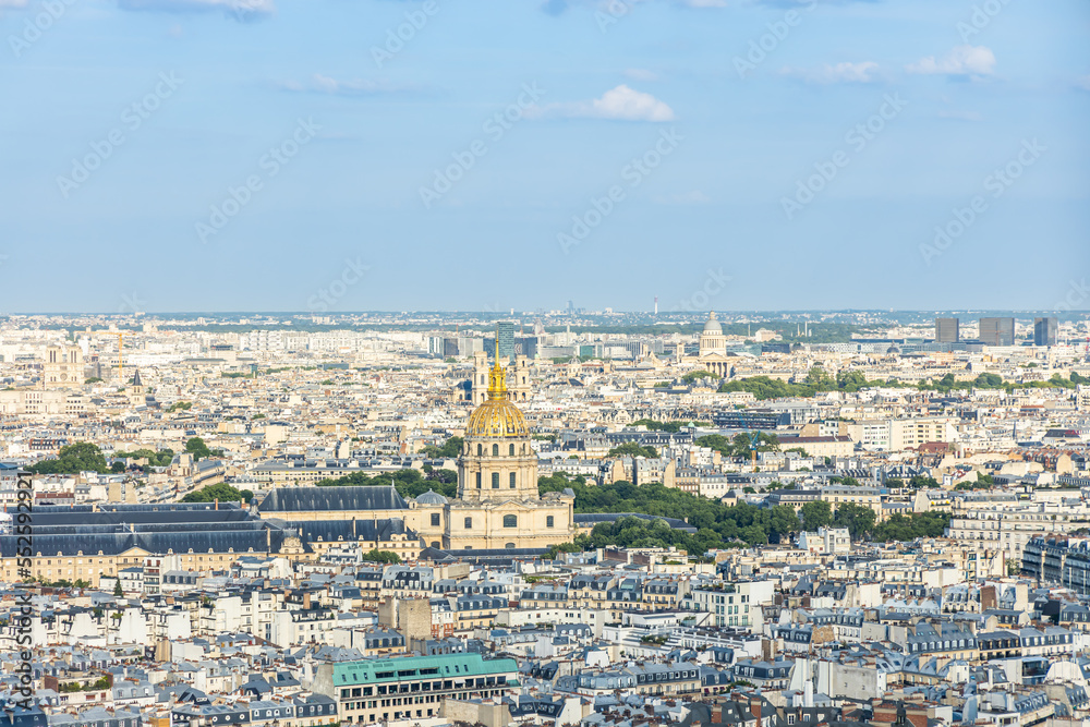 Golden dome of the Hotel des Invalides and rooftops of Paris, France