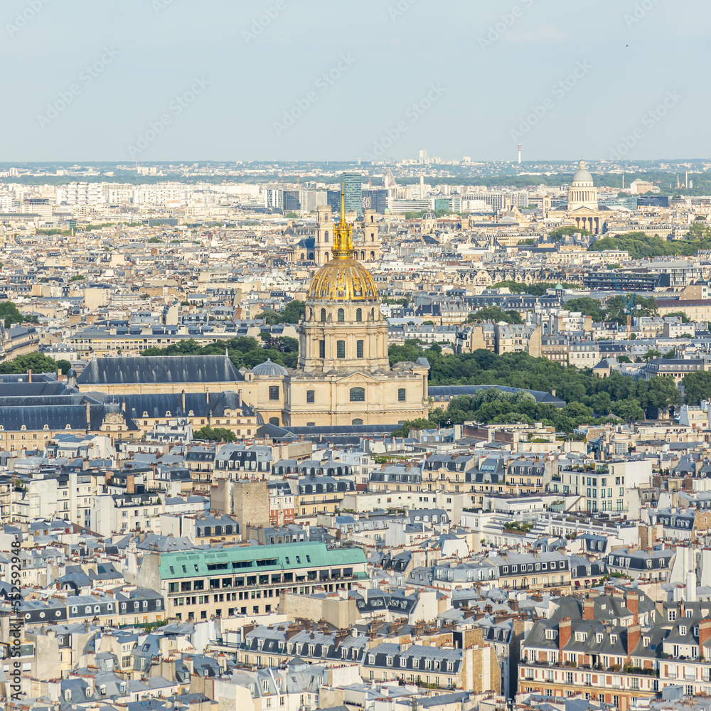 Golden dome of the Hotel des Invalides and rooftops of Paris, France