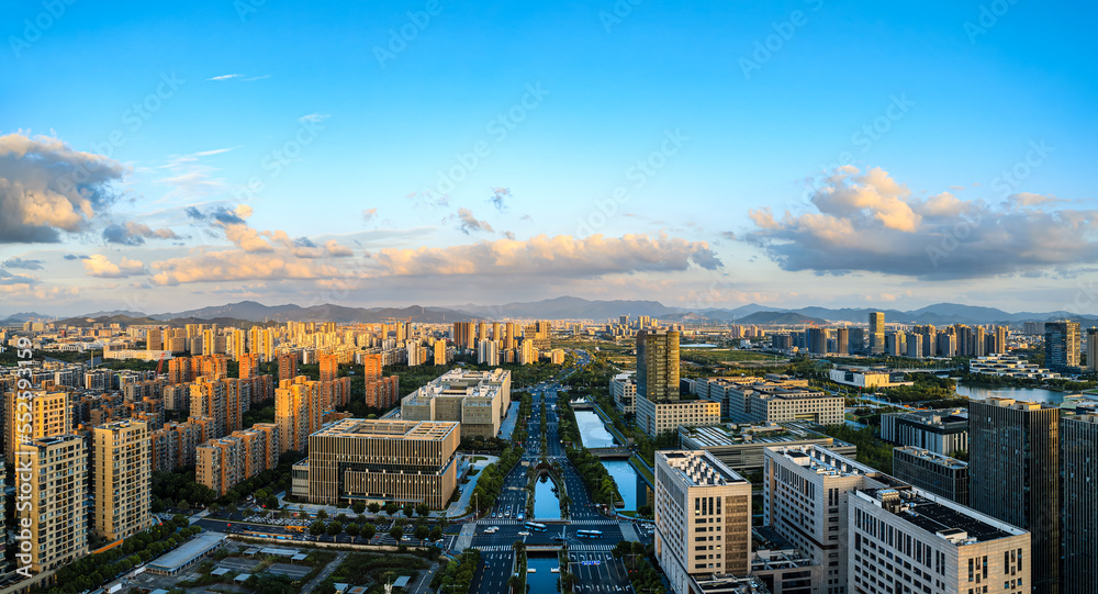 Obraz premium Aerial view of city skyline and modern buildings at sunrise in Ningbo, Zhejiang Province, China.