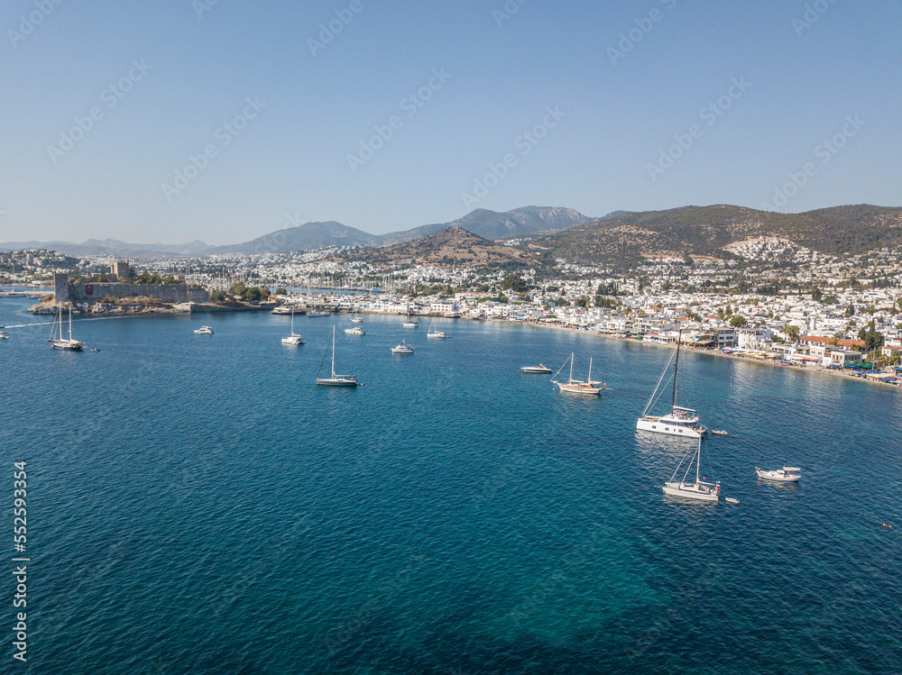 drone views blue sea in the Aegean with gulet. drone views blue sea in the Aegean with gulet.