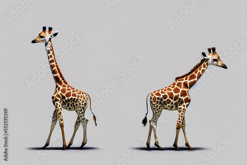 Two sweet giraffes stylized and realistic. Moving colors for this illustration full of tenderness. Protect their species by showing the beauties of zoos and safaris.