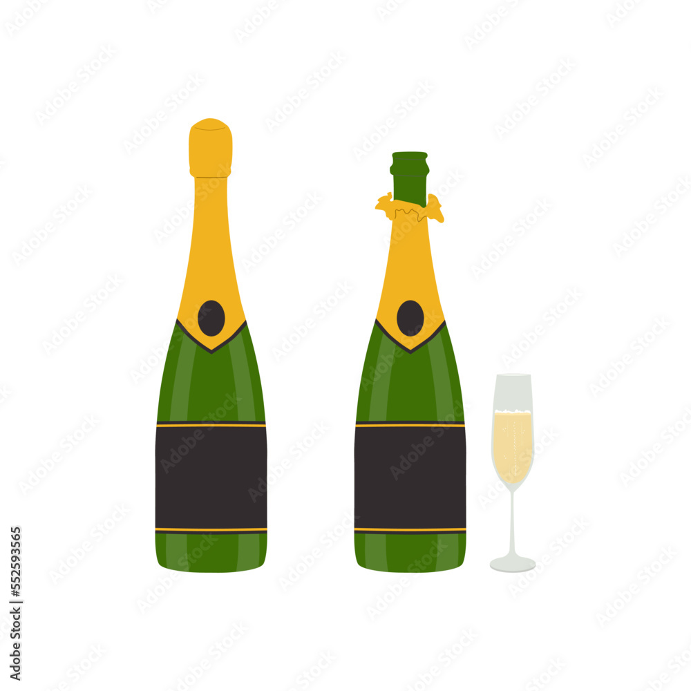 Closed and uncorked champagne bottle with glass of sparkling wine isolated on white background. Flat vector illustration. Holiday toast Closed and uncorked champagne bottle with glass of sparkling wine isolated on white background. Flat vector illustration. Holiday toast