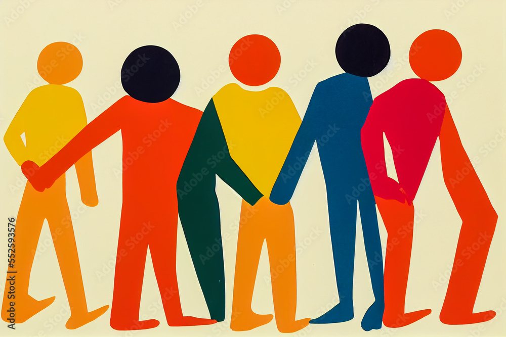 Close-knit team working in harmony and sharing common values. Dynamic illustration of bold colors and shapes for an atmosphere of motivation and collaboration. Close-knit team working in harmony and sharing common values. Dynamic illustration of bold colors and shapes for an atmosphere of motivation and collaboration.