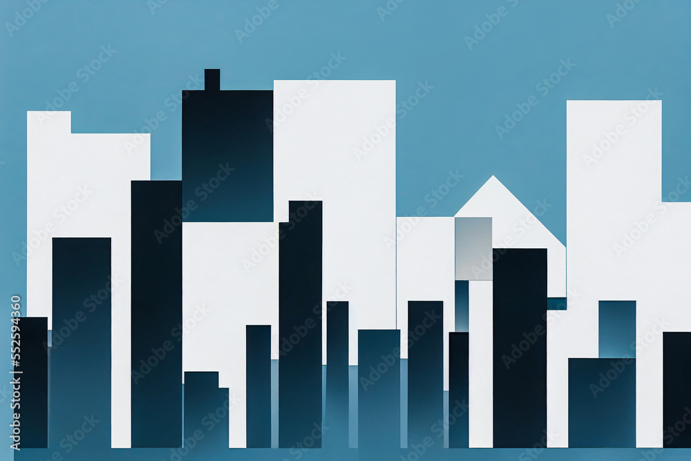 Architectural skyline of modern city with geometric shapes on a blue sky background. Perfect for illustrating urban settings & creating graphic designs.