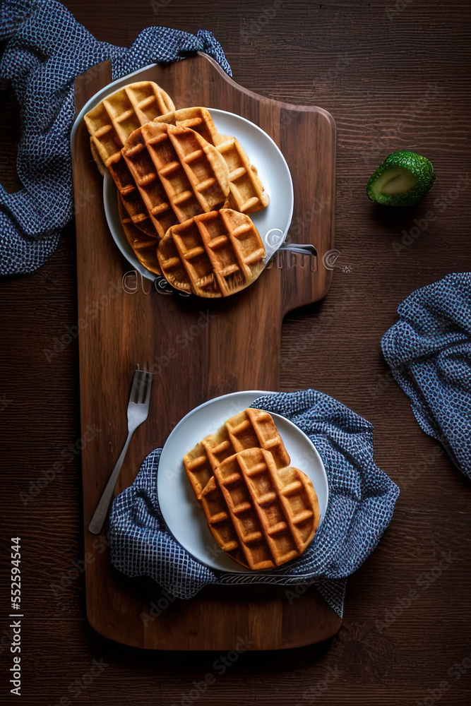 photography of a wooden cutting board topped with waffles on top of a table - Christmas - AI Generated photography of a wooden cutting board topped with waffles on top of a table - Christmas - AI Generated
