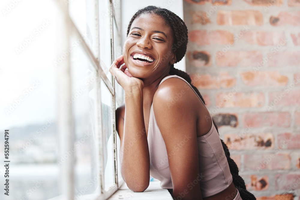 Fitness, black woman and happy laughing by window in gym for training motivation, workout wellness and sports rest. Happy, african woman smile and exercise for comic joke or healthy cardio portrait - obrazy, fototapety, plakaty 
