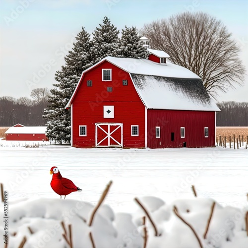 A red barn in the middle of a snowy field. 