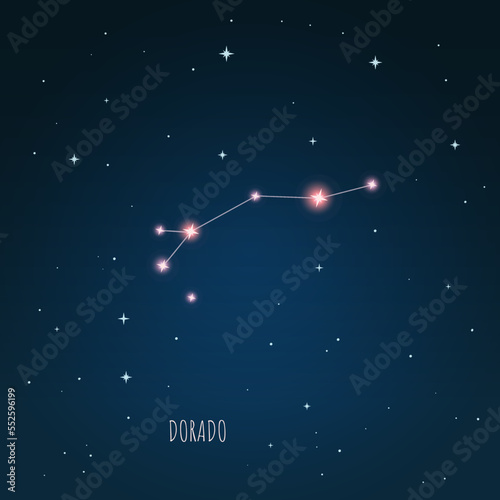 Constellation Dorado scheme in starry sky. Open space. Vector illustration  Dorado, gold fish constellation  through a telescope.