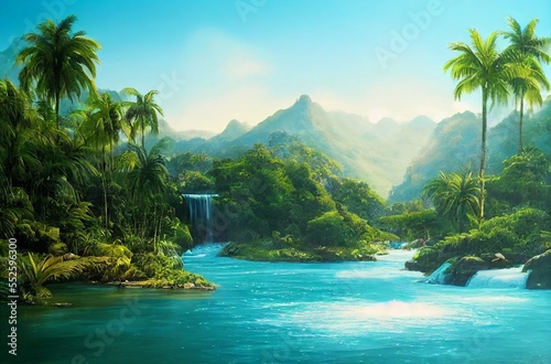 Palm trees against blue sky  tropical coast with waterfall and mountains on a background  river  lake with turquoise water. Summertime.