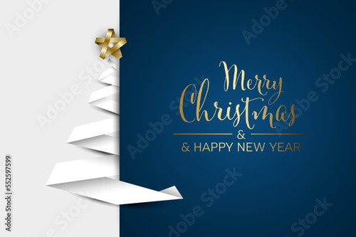Simple vector Christmas card with white christmas tree made from paper stripe on blue  background
