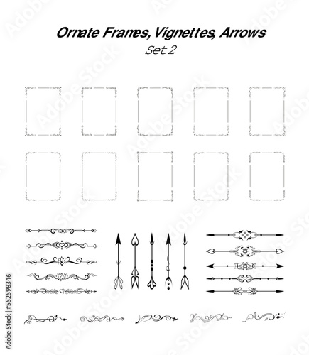 Set of decorative frames, ornate lines, arrows