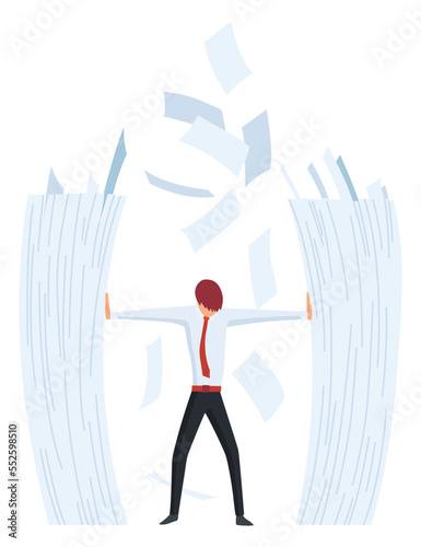Office paperwork. Office worker with stack of documents. Concept man of office work with stress and overworking. Bureaucracy and overwork