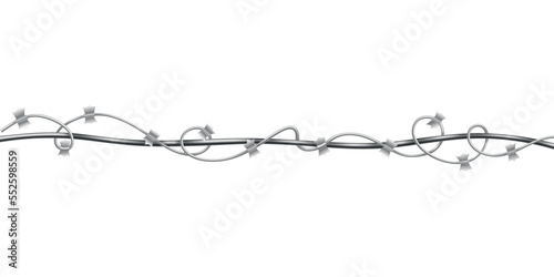 Barbed wire. Fencing strong sharply pointed element, twisted around, art pattern. Industrial barbwire, protection concept design. Modern metallic sharp element for area protection
