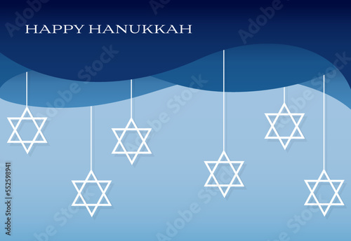 Star of David ornaments hanging from blue wavy border, with Happy Hanukkah text
